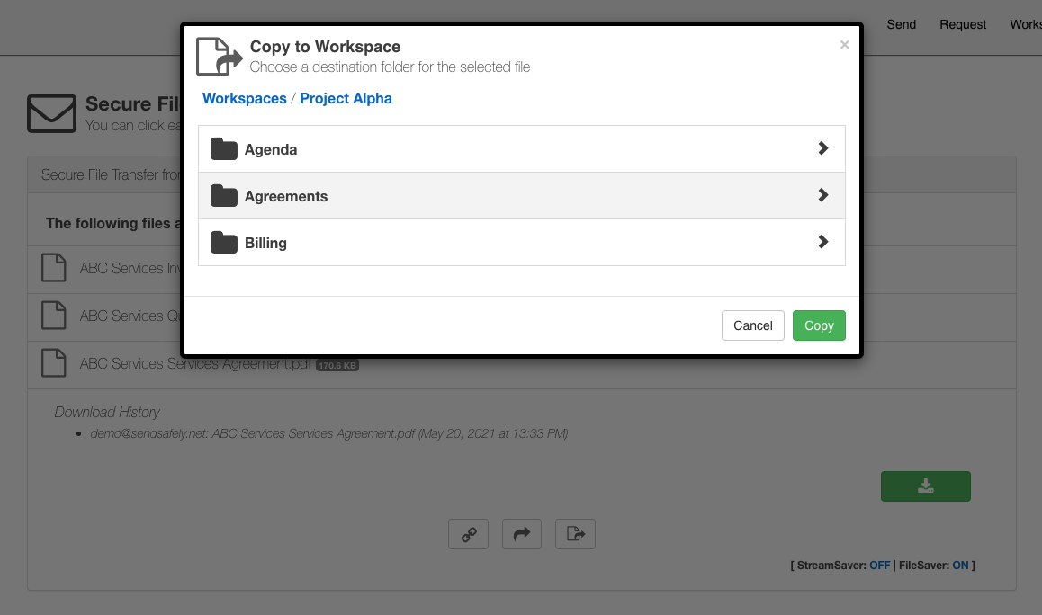 Storing Secure File Transfers in a Workspace